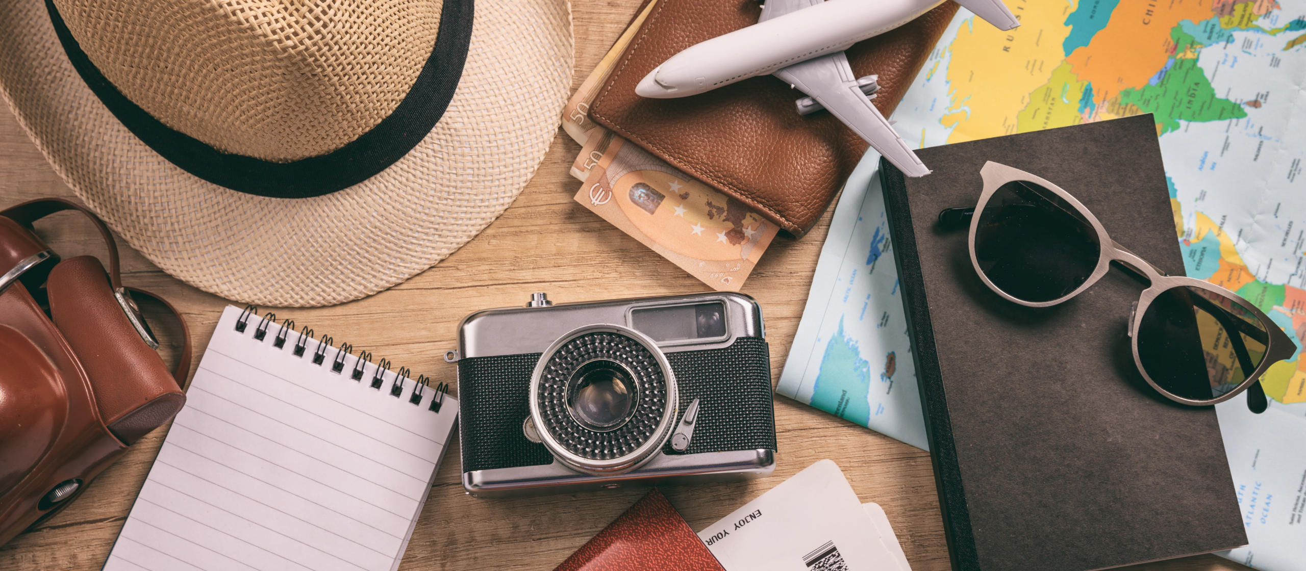 Travel and vacation accessories top view